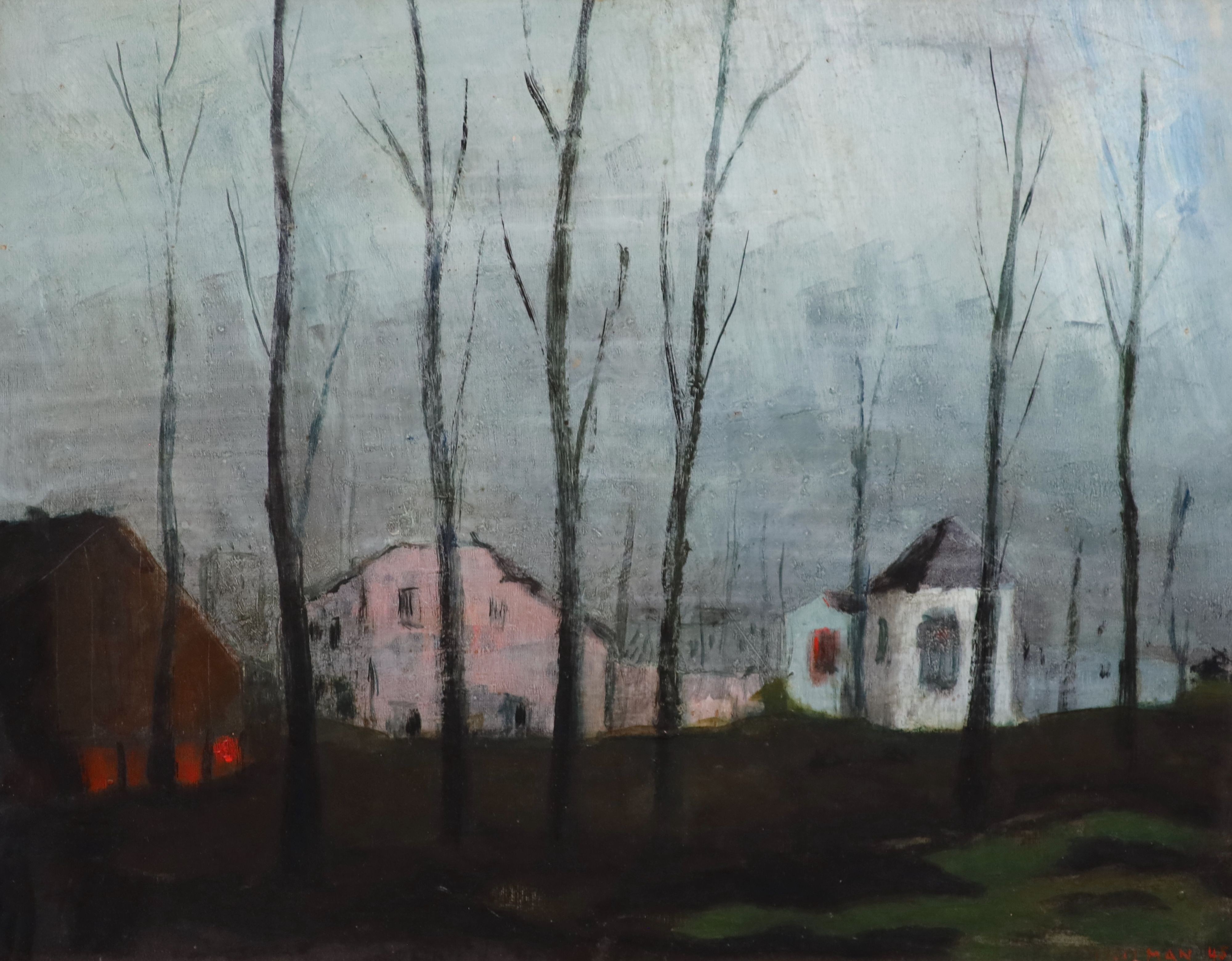 Fred Uhlman (1901-1985), Trees and houses at dusk, oil on board, 38 x 48cm